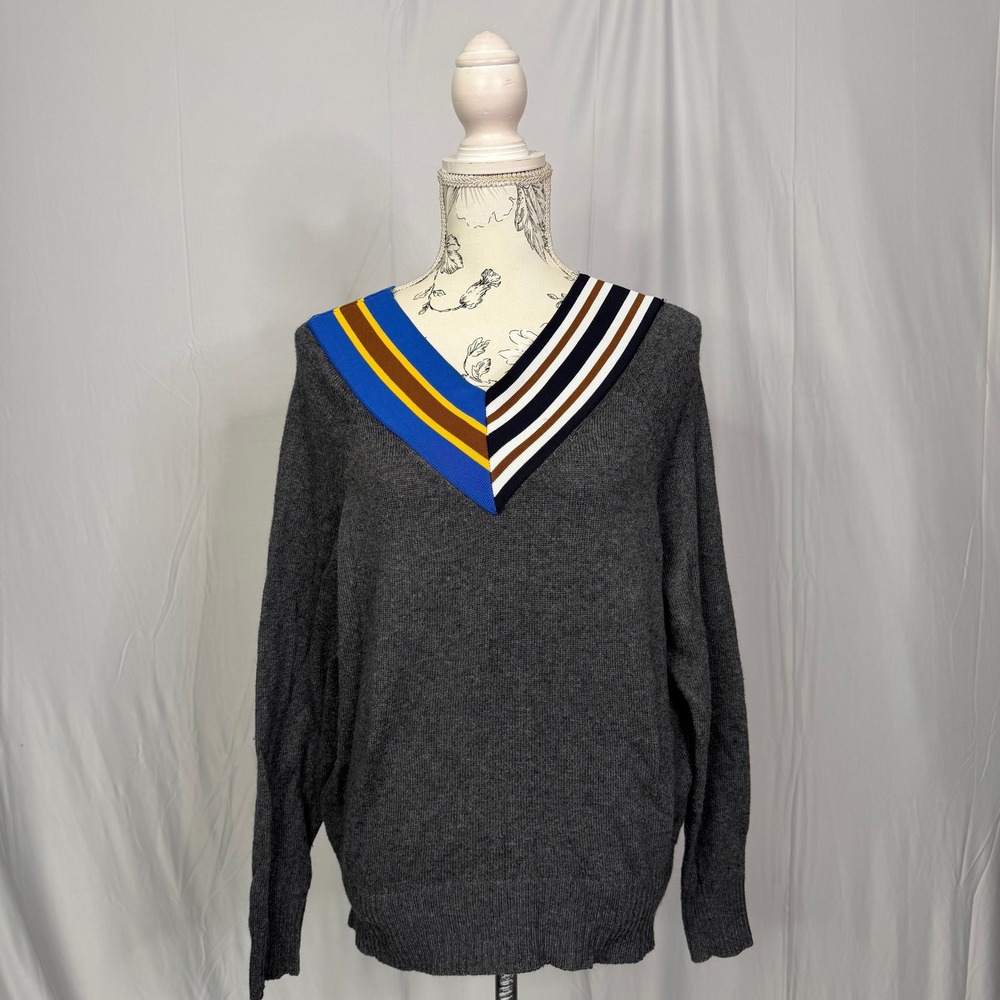Sandro Nepeta Grey V-Neck Striped Asymmetrical Collar Sweater D313M Size 1 - Picture 10 of 10